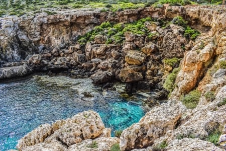 cliffside lake - rock, cliff, lake, grass