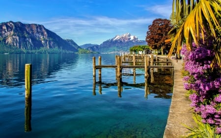 Weggis-Switzerland - water, summer, town, beautiful, mountain, pier, view, Switzerland, lake