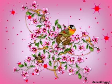 BIRD ON A NEST - IMAGE, BIRD, NEST, FLOWERS