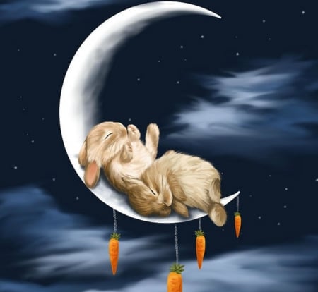 Tired Easter bunnies - moon, easter, fantasy, bunny, veronica minozzi, white, art, blue, luminos, carrot, luna, cute