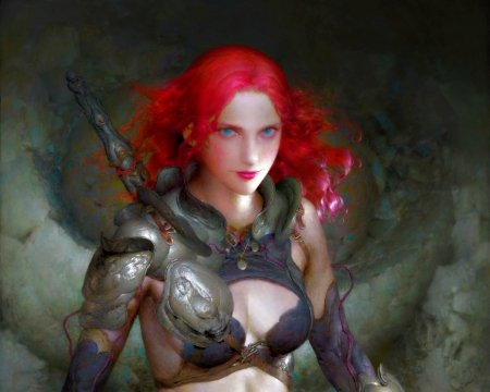 Flame - warrior, girl, flame, armor, fantasy, ruan jia, redhead, art, luminos