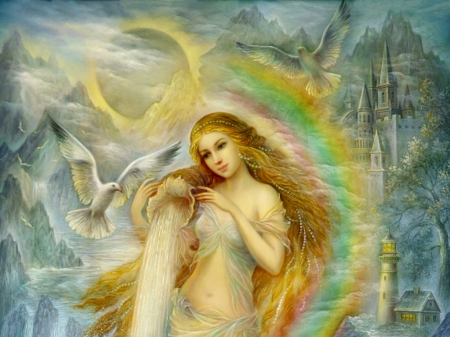 Water angel - rainbow, girl, angel, dove, luminoa, water, fantasy, art, nadia strelkina