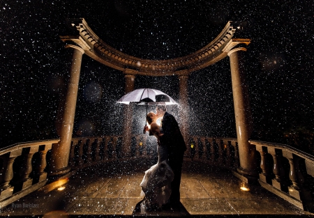 The kiss - couple, kiss, rain, umbrella, valentine, ryan brenizer, black