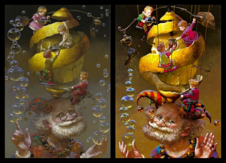 Lemonade - yellow, picutra, collage, children, copil, dream, grandfather, memories, victor nizovtsev, painting, aroma, bubbles, art, luminos, lemon