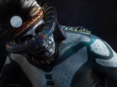 Wild - black, white, snake, juan carlos osorio, indian, man, wild, bodypaint