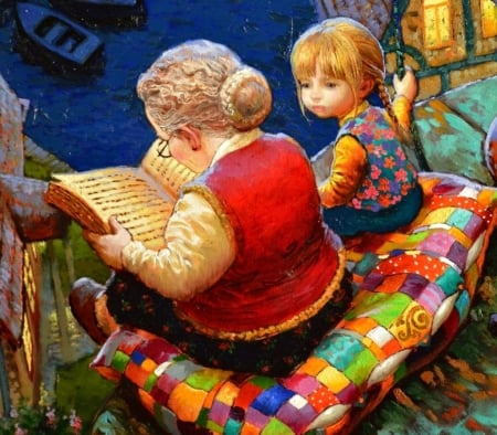 Once upon a time... - grandmother, red, child, copil, book, tale, victor nizovtsev, pictura, pillow, luminos, painting, colorful