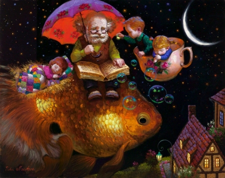 Sweet dreams - copil, book, black, tale, umbrella, luna, sleep, fantasy, golden, dream, bubbles, sweet, night, victor nizovtsev, art, children, pictura, fish, moon, luminos, painting, grandfather