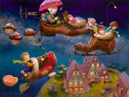 Sweet winter dream - cupcake, fantasy, painting, art, children, umbrella, luminos, food, house, victor nizovtsev, craciun, tale, winter, dream, copil, grandmother, christmas, red, pictura, sweet, dessert