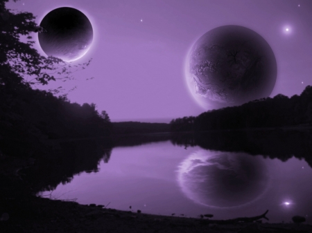 Twin Purple Moons - moon, twilight, water, purple