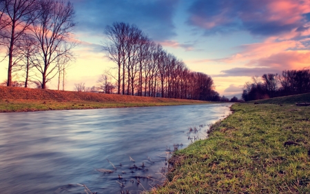 Peaceful River Flowing Along Trees - river, clouds, trees, nature