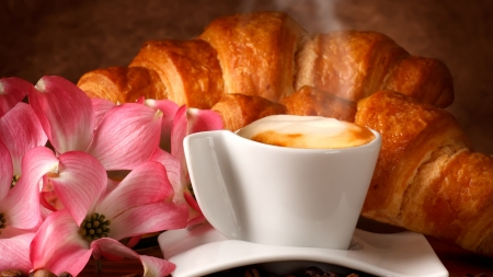 breakfast - coffee, saucer, coissant, flower, cup