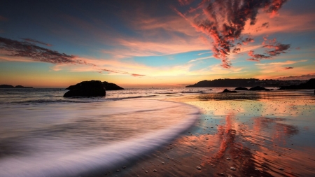 Beach at Sunset - clouds, sunset, nature, beach, evening, rocks