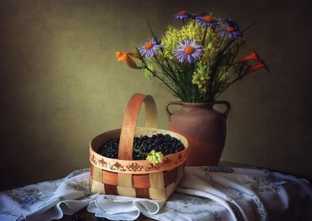 Still Life - table, vase, basket, flower