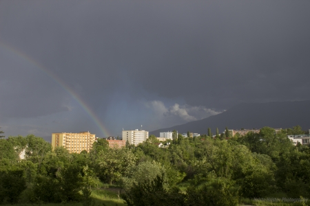 Rainbow - clouds, trees, beautiful, photography, city, photo, dark, nature, rainbow, weather, sky