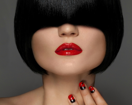 Beauty - girl, black, lips, red, nails, woman, model, face, brunette