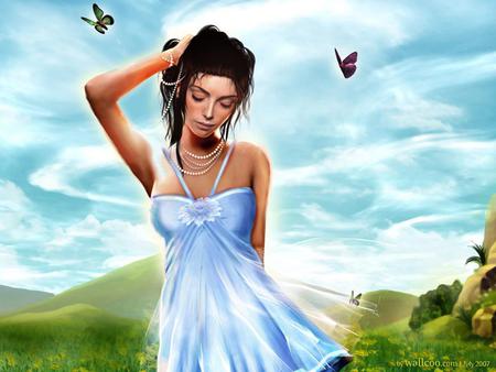 Butterfly Girl - pretty, girl, sky, butterflies