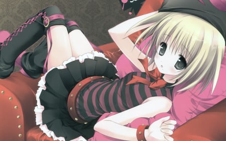 Gothic Lolita - blushing, anime girl, sofa chair, cute, loli