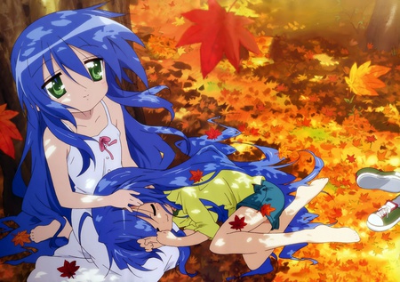 Kanata and Konata - autumn, lucky star, kanata, leaves, anime girl, konata