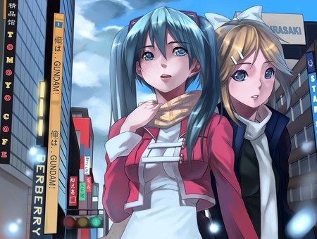 Miku and Rin - rin, vocaloid, anime girl, miku