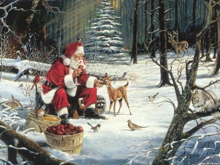 SANTA - santa, birds, deer, baby, wild