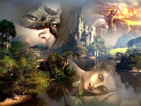 FAIRIES OF THE CASTLE - elf, fairies, mask, eyes, forest, females, castle