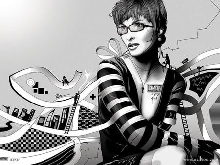 Cool Girl in Black and White - woman, ladder, glasses, numbered, painter, city