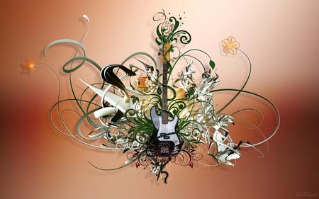 Swirls of Music - flowers, music, guitar, vines