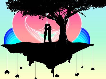 Forever Love - circles, silhouette, couple, tree, hearts, swirls