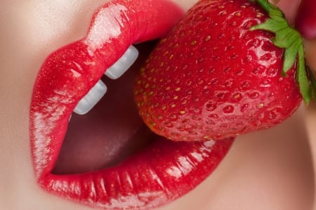 Strawberry red - red, berry, strawberry, mouth, fruit, lips, woman