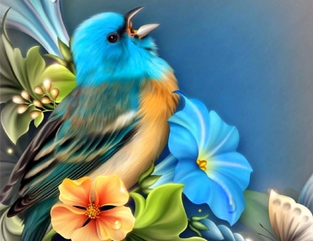 Spring Blue - bluejay, birds, blue, paintings, spring, flowers, nature, love four seasons, animals