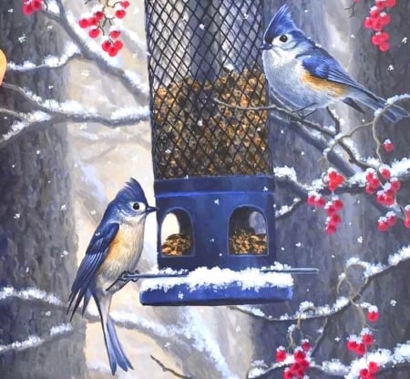 Dinner on a Cold Day - bird feed, animals, winter, cherries, nature, love four seasons, snow, bluejays, paintings, birds