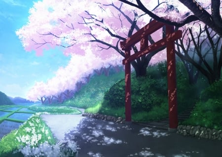 Torii Gate - japanese, orginal, torii, village, cherry blossom, japan, sakura, scenery, anime, shrine, temple