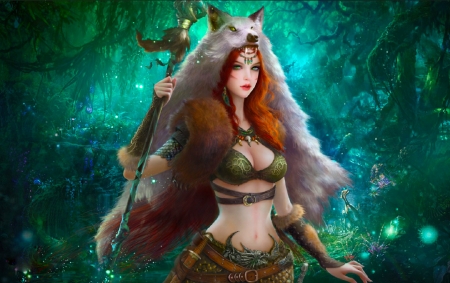 Psychic - woman, girl, asian, fantasy, wolf, art, pretty, forest, beautiful, digital