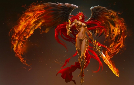 Angel of Vengeance - woman, angel, girl, warrior, wings of fire, fire, fantasy, art, pretty, beautiful, sword, digital