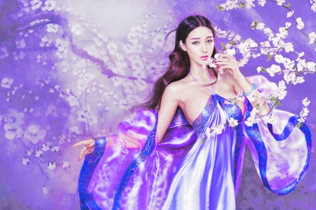 Purple Blossom - purple, digital, pretty, beautiful, blossom, girl, blue, art, fine, fantasy, asian, woman