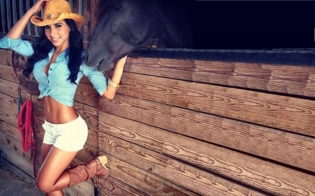 Hug A Horse. . - fun, female, boots, fashion, hats, brunettes, western, cowgirl, style, barn, women, models, stable, girls, outdoors, horses, ranch