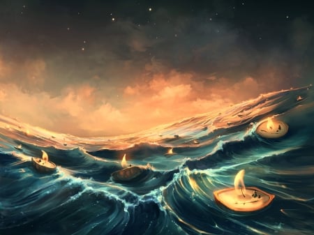 Refugees in a nutshell - water, yellow, blue, candle, sea, light, refugees, nutshell, fantasy, aquasixio, art, wave, luminos