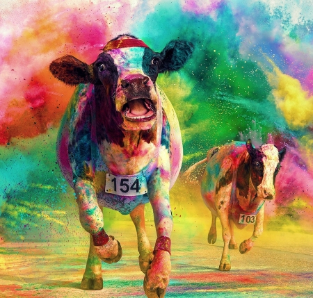 Color stampede - cow, yellow, running, creative, pink, orange, andy mahr, fantasy, animal, stampede, funny, green, color, vaca