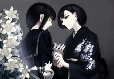 Two girls - two, couple, girl, black, erise, realisitic, white, monochrome, anime, kimono, friend, flower, manga