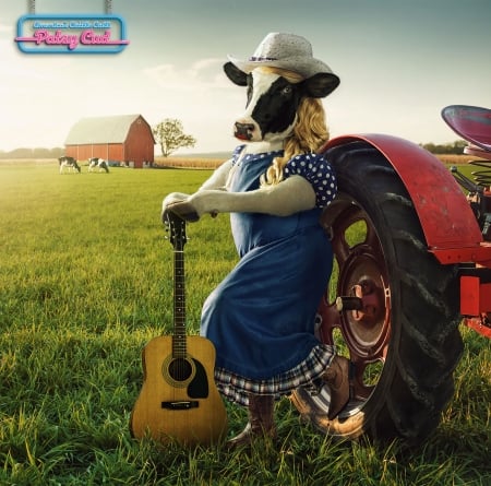 Cowgirl - hat, cow, guitar, field, instrument, funny, fantasy, creative, andy mahr, vaca, tractor, green, commercial, add