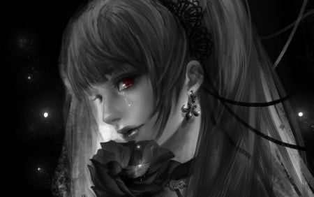 Amane Misa - anime, rikamello, girl, eyes, flower, black, manga, white, red, rose, bw, face, death note, amane misa