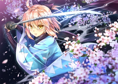 Soji Okita - pretty, saber, anime, female, cherry, blossom, blonde, blond hair, flowers, blond, katana, nice, anime girl, sakura saber, sakura, cherry blossom, beautiful, girl, sword, blonde hair, beauty, kimono, lovely, sakura blossom, sweet, petals, yukata, blade, saber sakura, etty, floral, fate stay night