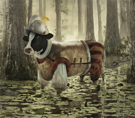 Lost in the swamp - cow, hat, water, funny, swamp, vaca, andy mahr, situation, animal, commercial, add