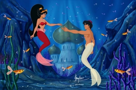 Aladdin and Jasmine Under the Sea - Aladdin, Mermaid, Disney, Merman