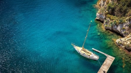 Island Life - water, beach, boat, sea, island, ocean, dock, peaceful, rocks