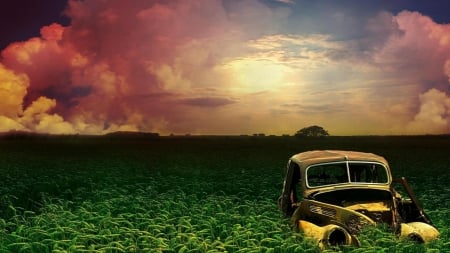 Abandoned Car on Wheat Field - wreak, nature, sky, car, wheat, clouds, field, sunset