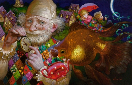 Sweet dreams - red, child, copil, cup, umbrella, victor nizovtsev, sleep, art, old, fantasy, kettle, golden, fish, luminos, grandfather, man