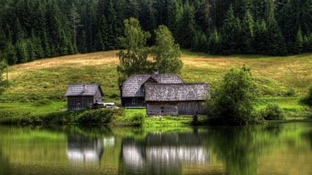 Old Wood Lake House - wood, nature, lake, trees, forest, reflection, house, old