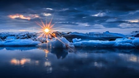 Amazing Sunset On The Sea - ice, nature, sky, sun, clouds, sunset, sea