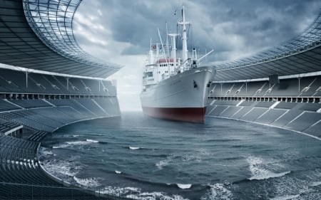 Situation - water, funny, creative, fantasy, white, ship, situation, blue, arena, dan escobar